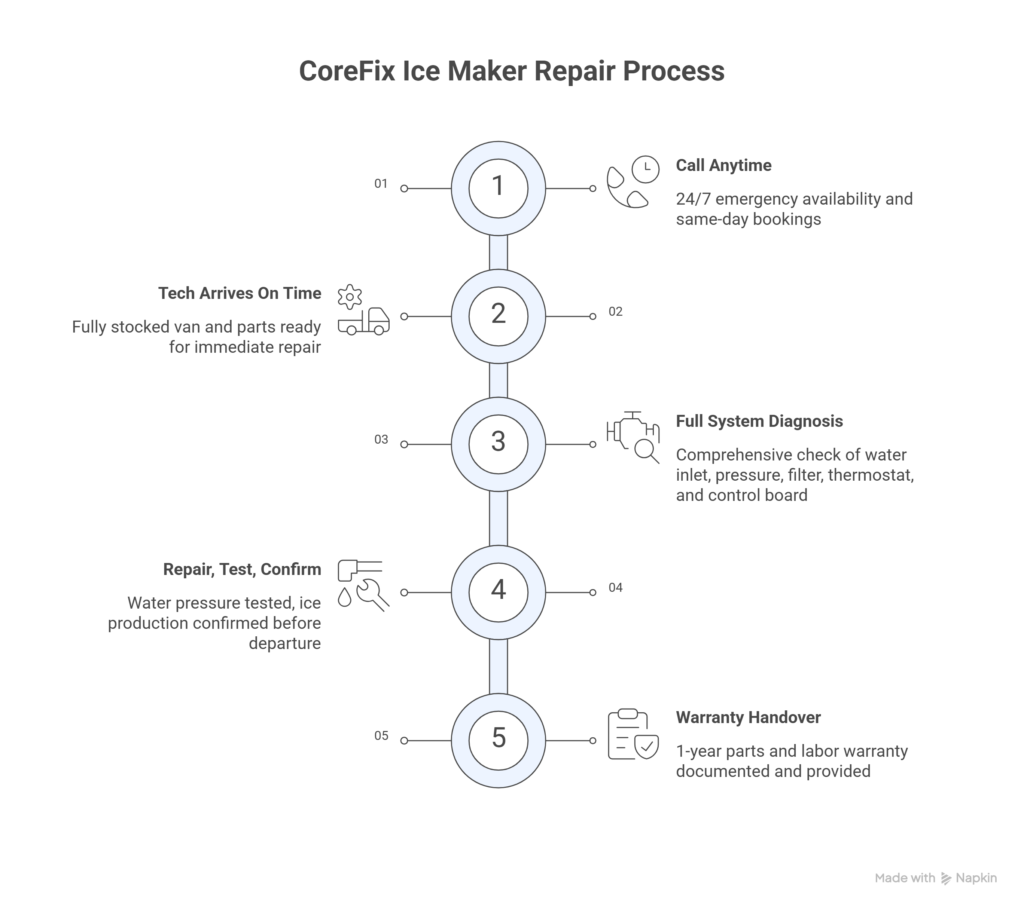 CoreFix ice maker repair process Abilene TX — 5-step same-day service from call to warranty handover